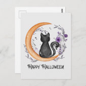 Happy Halloween - Schwarze Katze auf dem Halbmond Postkarte (Vorne/Hinten)