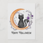 Happy Halloween - Schwarze Katze auf dem Halbmond Postkarte (Vorderseite)