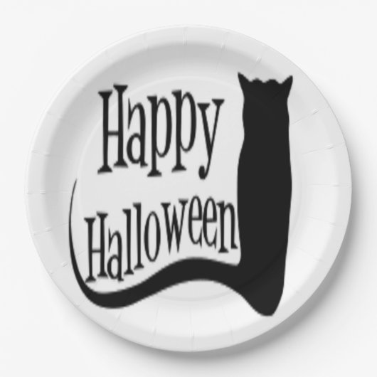 "HAPPY HALLOWEEN" SCHWARZE KATZE PAPPTELLER (Vorderseite)