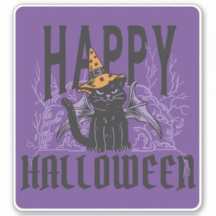 HAPPY HALLOWEEN SCHWARZEN KATZE BAT WINGS AUFKLEBER