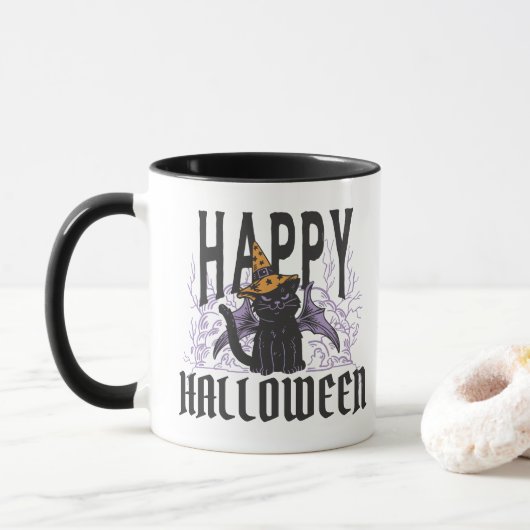 HAPPY HALLOWEEN SCHWARZEN KATZE BAT WINGS TASSE (Mit Donut)