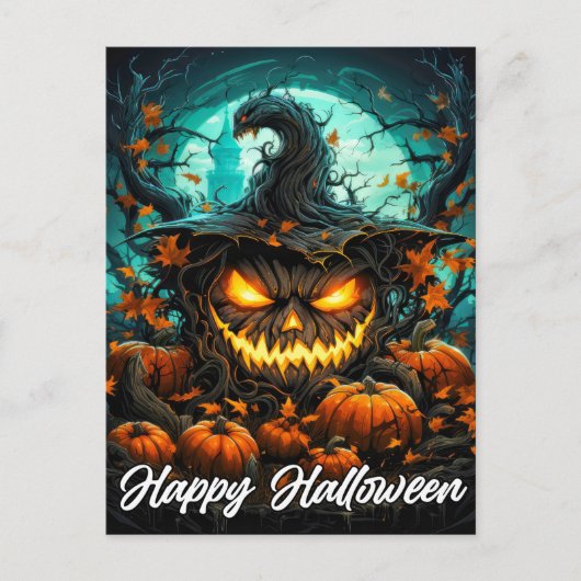 Happy Halloween Sinister Illumination Mad Pumpkin Postkarte (Vorderseite)
