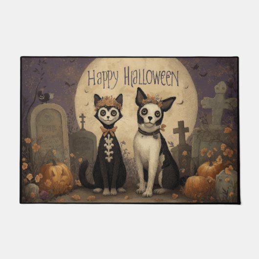 Happy Halloween Skeleton Cat and Dog in Graveyard Fußmatte (Vorderseite)