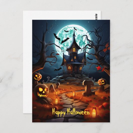 Happy Halloween Skeleton Skull Spuk House Postkarte (Vorne/Hinten)