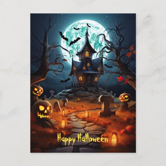 Happy Halloween Skeleton Skull Spuk House Postkarte (Vorderseite)