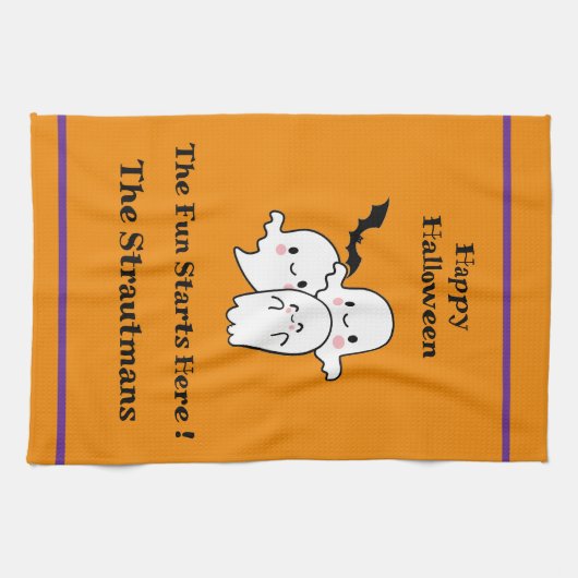 Happy Halloween Spaß PERSONALIZE Ghost Bat Orange Geschirrtuch (Horizontal)