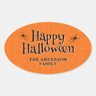 Happy Halloween Spider Cobweb Orange Ovaler Aufkleber