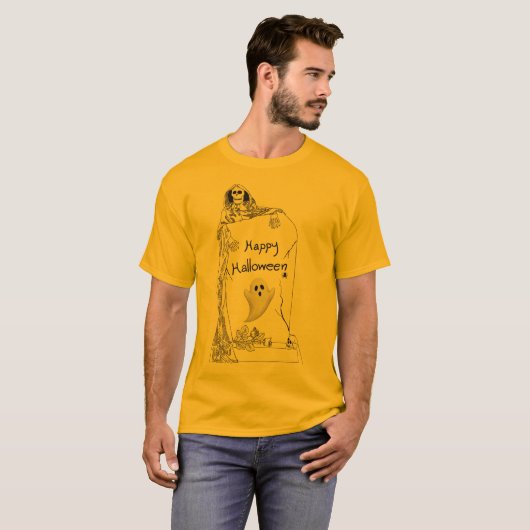Happy Halloween – Spooky Skeleton and Ghost Design T-Shirt (Vorne ganz)