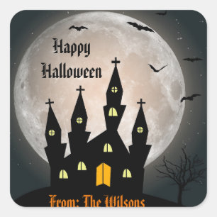 Happy Halloween Spooky Spuk House Moon Bats Quadratischer Aufkleber