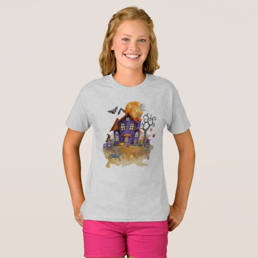Happy Halloween Spuk Gnome House Szene T-Shirt (Vorne ganz)