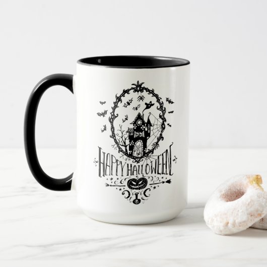 Happy Halloween Spuk Haus Extravagant dekorativ Tasse (Mit Donut)