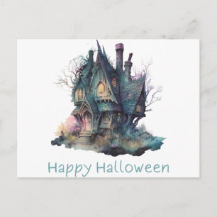 Happy Halloween Spuk Haus Grünes Pink Halloween Feiertagspostkarte