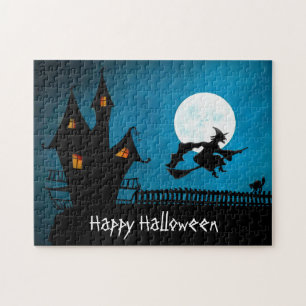 Happy Halloween Spuk Haus Hexenkloster Katze Puzzle