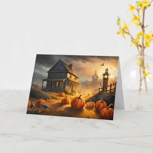 Happy Halloween | Spuk Haus Karte (Gelbe Blume)