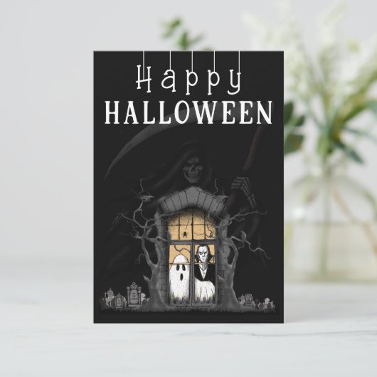 Happy Halloween Spuk House Foto Dankeskarte (Stehend Vorderseite)