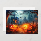 Happy Halloween Spuk House & Pumpkins Postkarte (Vorne/Hinten)