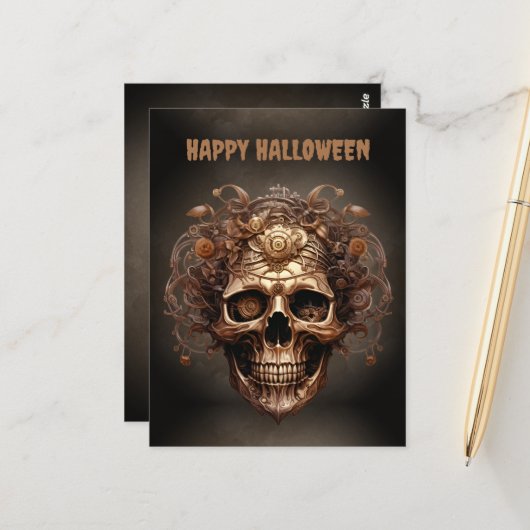 Happy Halloween Steampunk Skeleton Postkarte (Vorderseite/Rückseite Beispiel)
