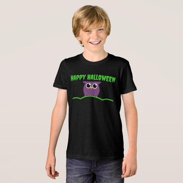Happy Halloween T - Shirt mit Niedlichem Owl (Vorderseite voll)
