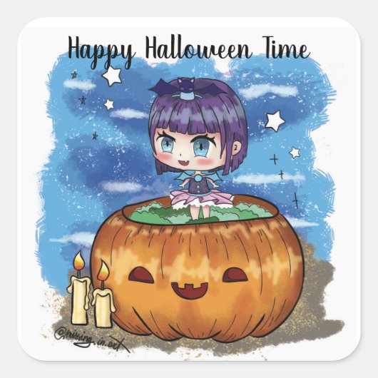 Happy Halloween Time Chibi Pumpkin Quadratischer Aufkleber (Vorderseite)