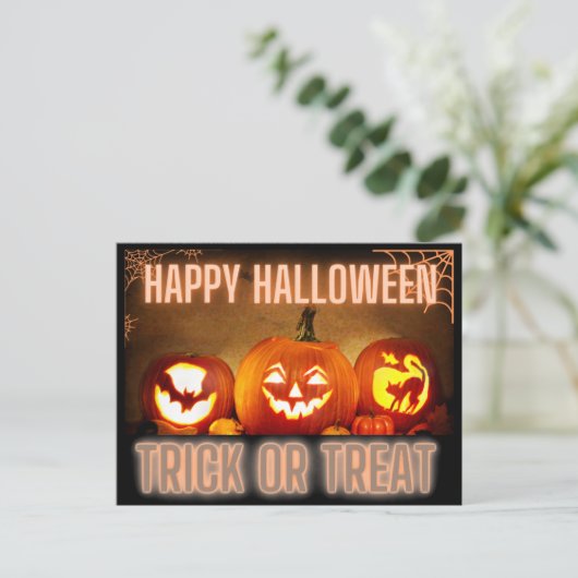 HAPPY HALLOWEEN TRICK ODER TREAT POSTKARTE (Stehend Vorderseite)