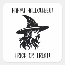 Happy Halloween Trick oder Treat Witch in Black Ha Quadratischer Aufkleber