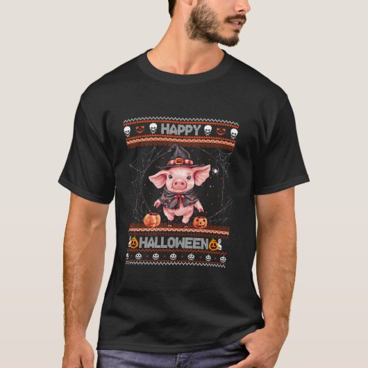 Happy Halloween Ugly Cute Pig Witch Trick Or Treat T-Shirt (Vorderseite)