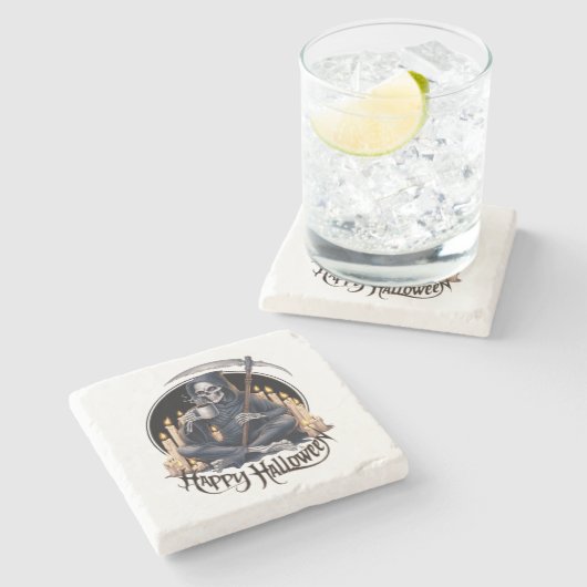 Happy Halloween und ein Skelett Steinuntersetzer (Seitenansicht)