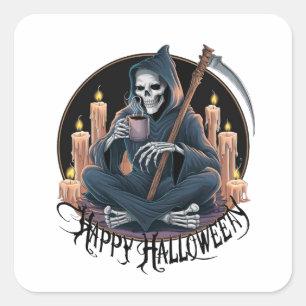 Happy Halloween und Skelett (2) Quadratischer Aufkleber