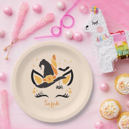 Happy Halloween Unicorn Hexe mit Augenbrauen Pappteller (Party)