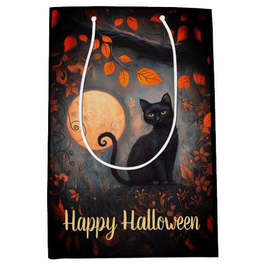 Happy Halloween Verziert Black Cat Vollmond Herbst Mittlere Geschenktüte (Vorderseite)