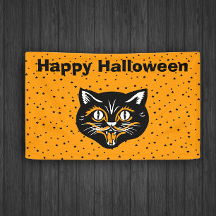 Happy Halloween Vintag Black Cat Face Star Orange Banner