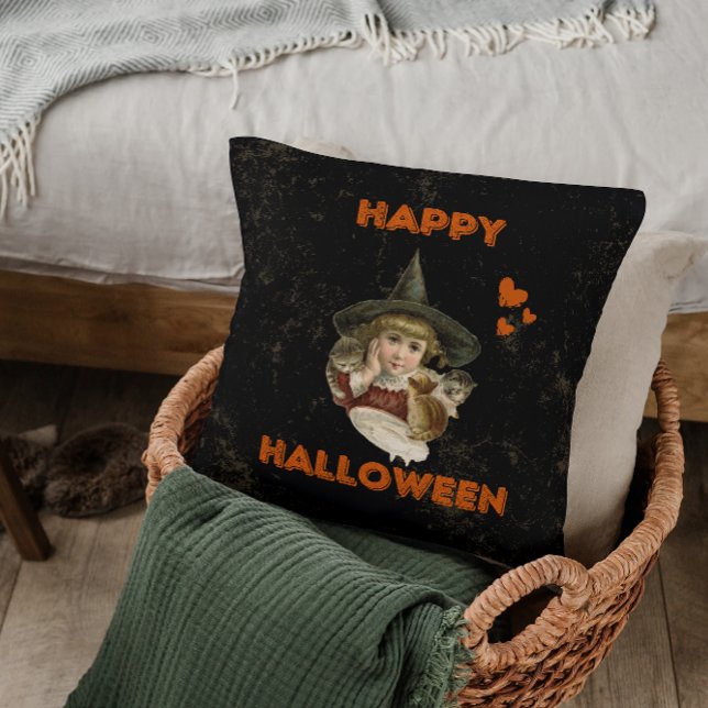 Happy Halloween Vintage Hexe mit Kätzchen Kissen (Von Creator hochgeladen)
