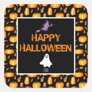 Happy Halloween W/Pumpkins Hexe und Ghost Quadratischer Aufkleber