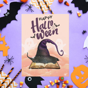 Happy Halloween Watercolor Hexenhut und Zauberbuch Feiertagspostkarte