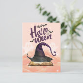 Happy Halloween Watercolor Hexenhut und Zauberbuch Postkarte (Stehend Vorderseite)