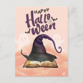 Happy Halloween Watercolor Hexenhut und Zauberbuch Postkarte (Vorderseite)