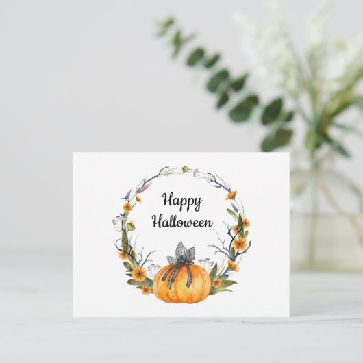 Happy Halloween Watercolor Pumpkin Wreath Postkarte (Stehend Vorderseite)