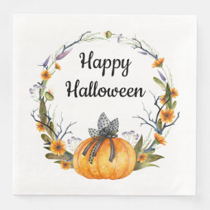 Happy Halloween Watercolor Pumpkin Wreath Serviette