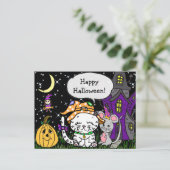 Happy Halloween Weiße Katze und Maus Niedlich Postkarte (Stehend Vorderseite)