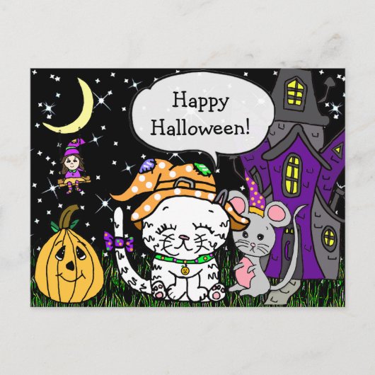 Happy Halloween Weiße Katze und Maus Niedlich Postkarte (Vorderseite)