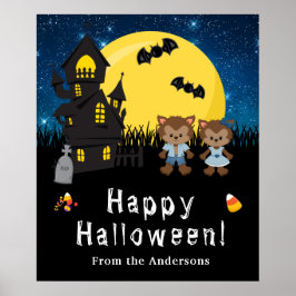 Happy Halloween Werewolfs Blue Party Sign Poster