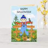 Happy Halloween Whimsical Scarecrow and Pumpkins Karte (Gelbe Blume)