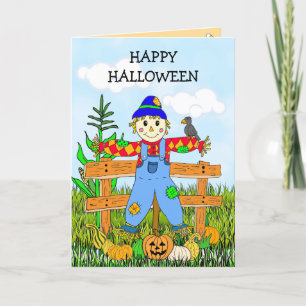 Happy Halloween Whimsical Scarecrow and Pumpkins Karte
