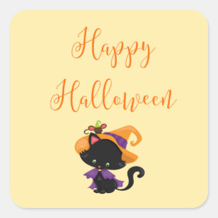Happy Halloween Witch Black Cat Mouse auf Brim Quadratischer Aufkleber