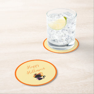 Happy Halloween Witch Black Cat Mouse auf Brim Runder Pappuntersetzer