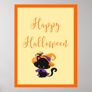 Happy Halloween Witch Kitten Orange Border Poster
