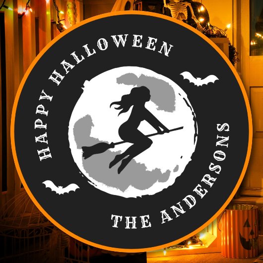 Happy Halloween Witch Riding Broom Individuelle Na Runder Aufkleber
