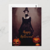 Happy Halloween with a witch in Gothic dress. Postkarte (Vorne/Hinten)