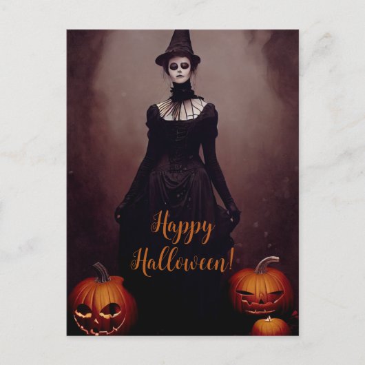 Happy Halloween with a witch in Gothic dress. Postkarte (Vorderseite)