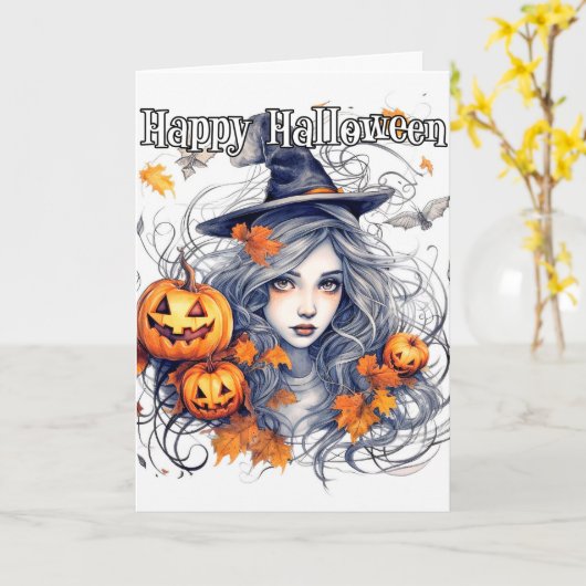 Happy Halloween | Wunderschöne Herbsthexe Karte (Gelbe Blume)